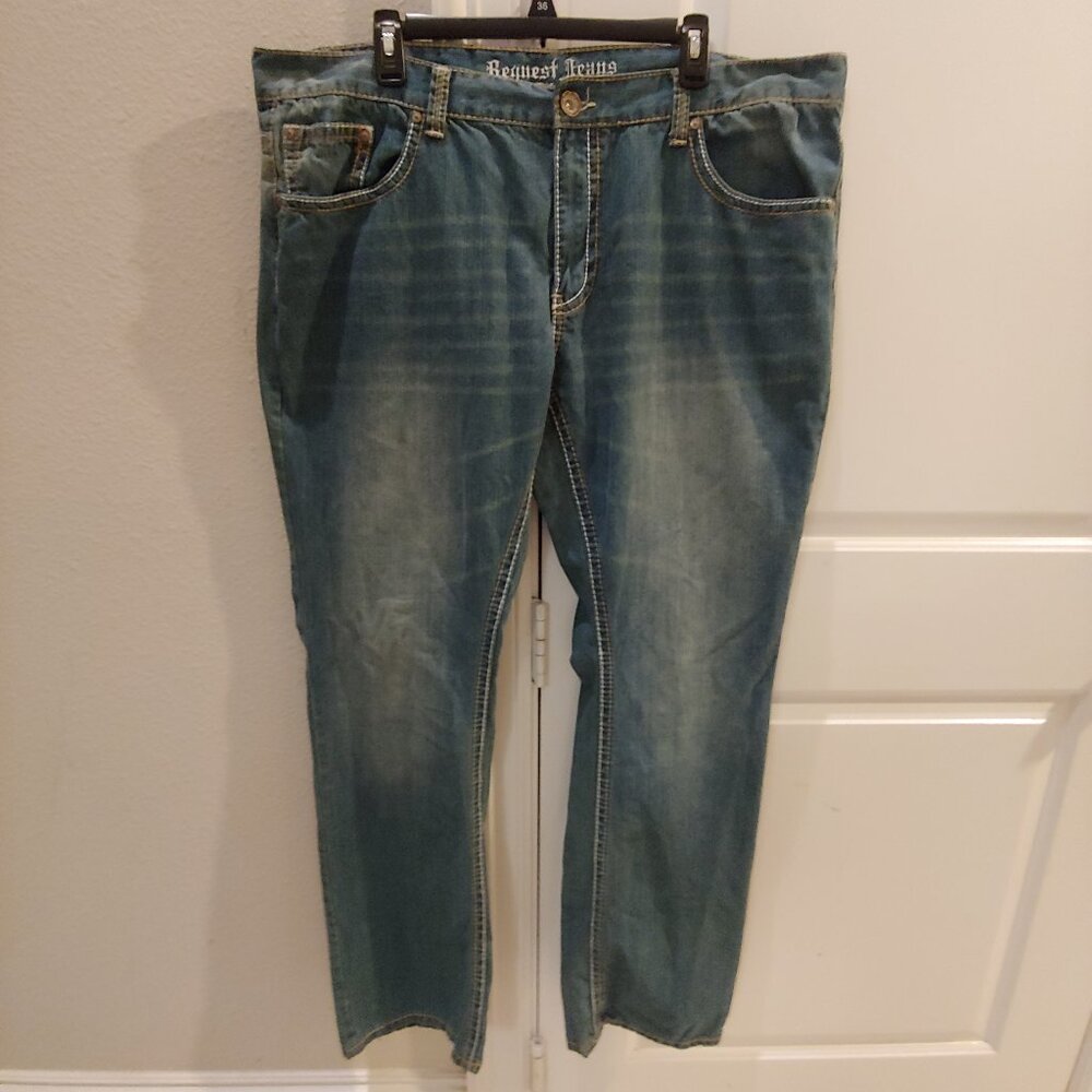Request Mens Jeans Size 42 x 33 Blue Straight Baggy Embroidered Pockets